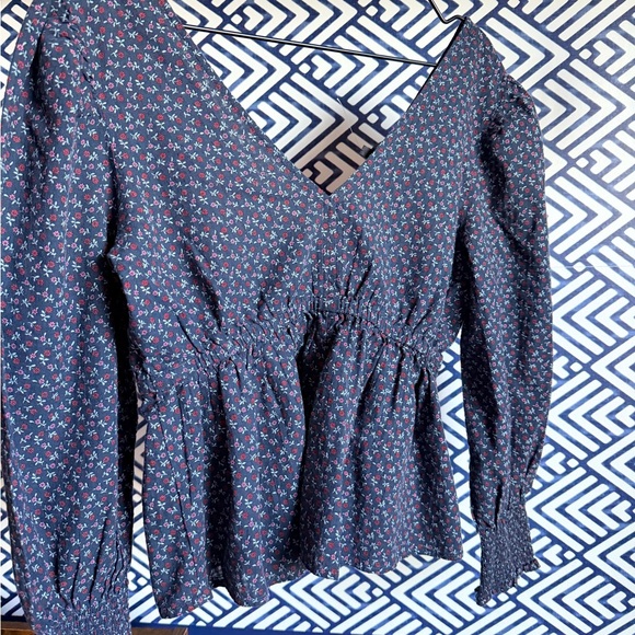 Madewell Navy and Red Floral Smocked Blouse - Picture 2 of 3